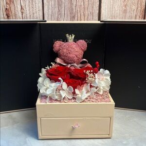 Preserved Rose Valentines Bear w/ Necklace in Gift Box